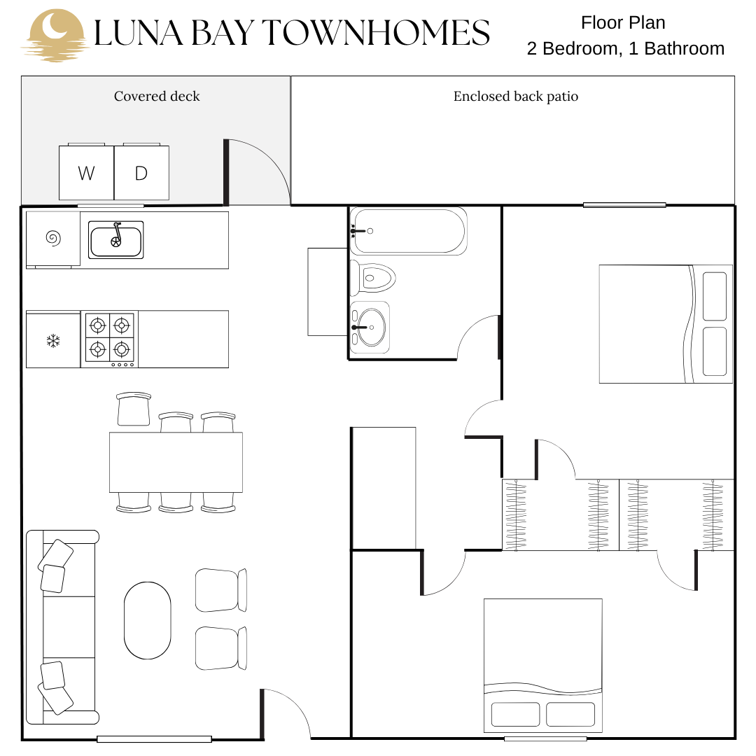 Floor plan — 2 bedroom, 1 bathroom single-story unit at Luna Bay Townhomes
