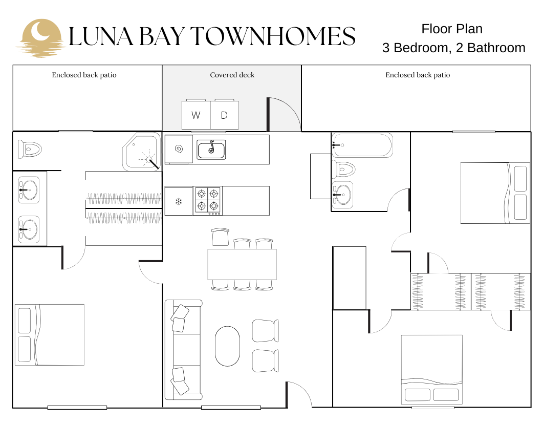 Floor plan — 3 bedroom, 2 bathroom single-story unit at Luna Bay Townhomes