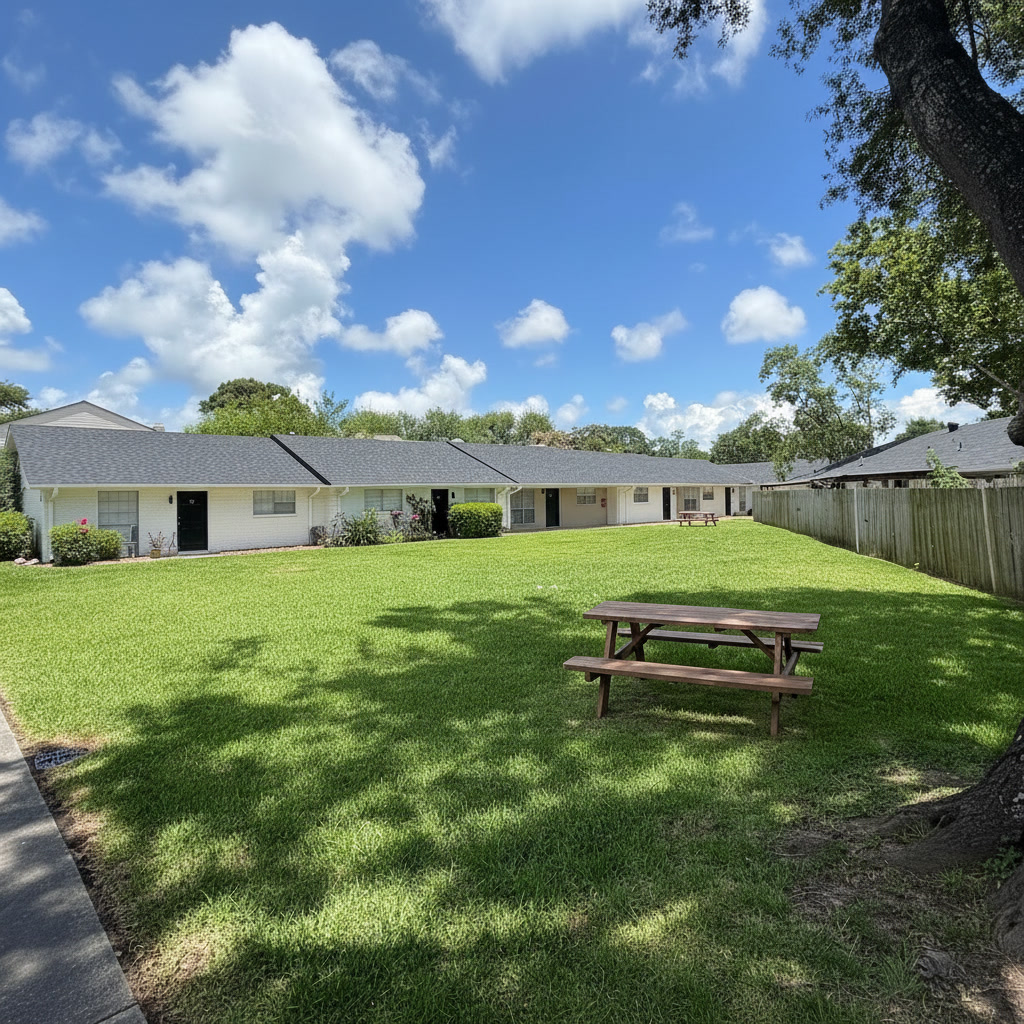 Shared grassy courtyard with a picnic table and mature shade trees